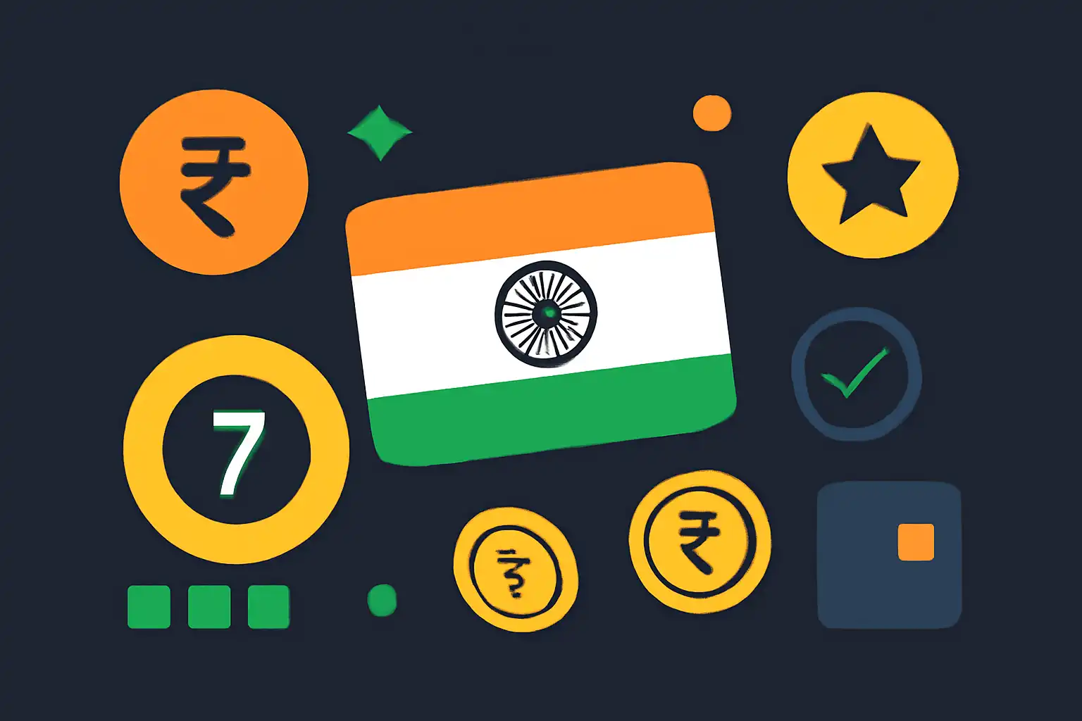 Hero illustration: Tiranga Lottery, modern flat design, dark background, brand-neutral, icons and shapes only, no text